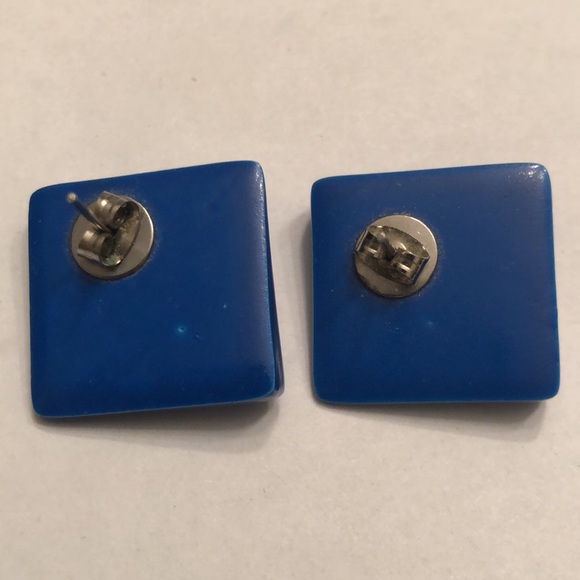 Vintage 80’s Royal Blue Earrings 7/8” Square Rhinestones Pierced Ears - #427 - Picture 5 of 8
